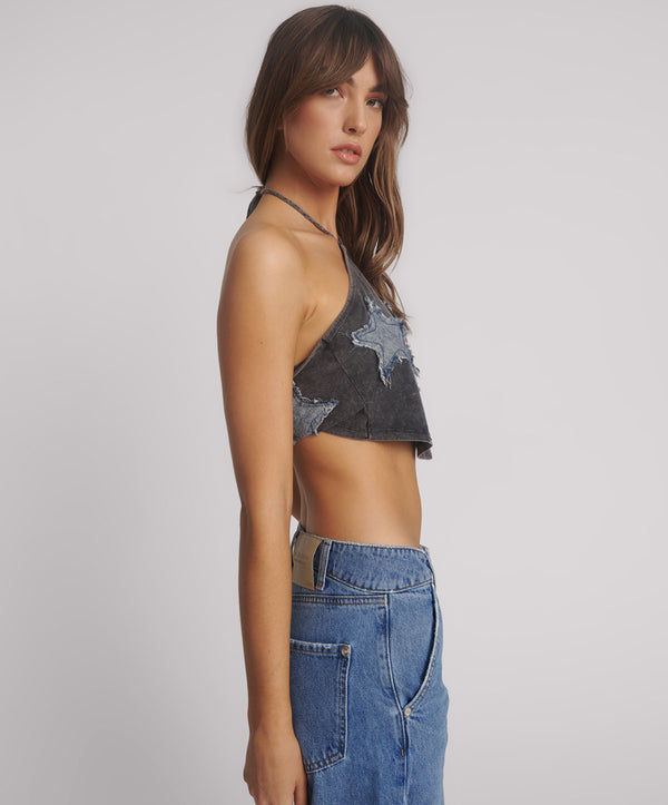 One Teaspoon Applique Star Halter Crop Top - Washed Black