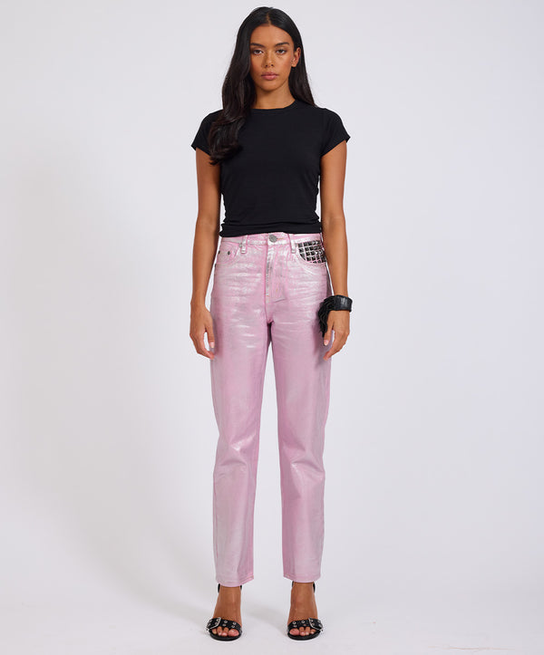 One Teaspoon Awesome Baggies High Waist Straight Leg Denim Jeans- Pink Envy Foil
