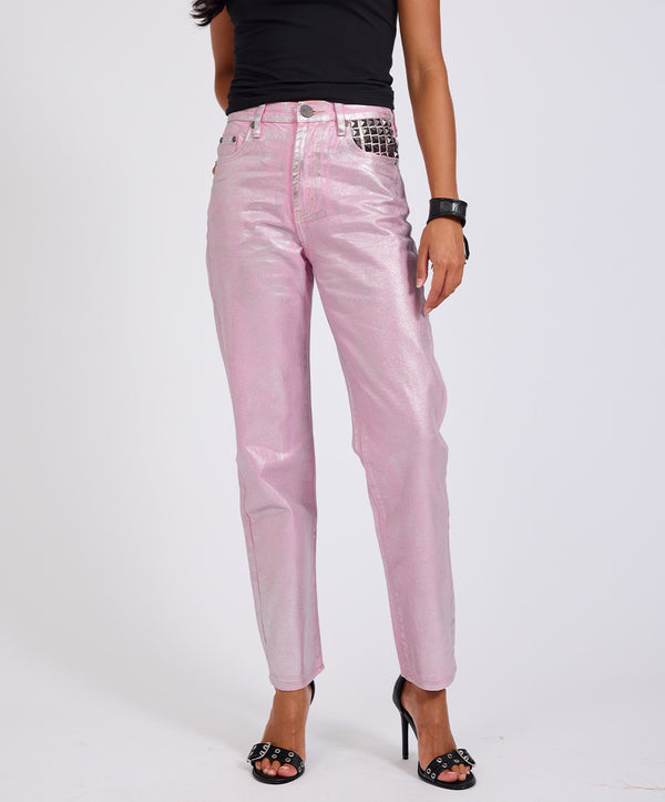One Teaspoon Awesome Baggies High Waist Straight Leg Denim Jeans- Pink Envy Foil