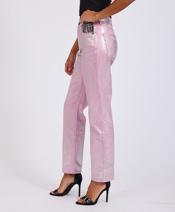 One Teaspoon Awesome Baggies High Waist Straight Leg Denim Jeans- Pink Envy Foil