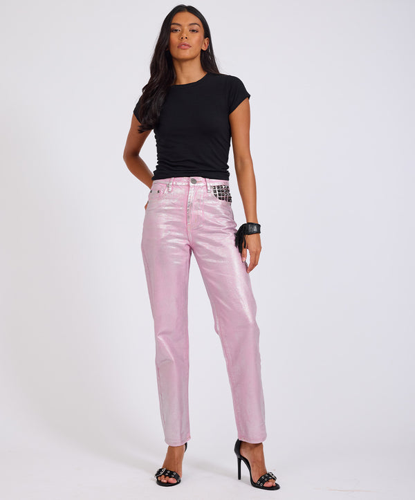one teaspoon Awesome Baggies High Waist Straight Leg Denim Jeans- Pink Envy Foil