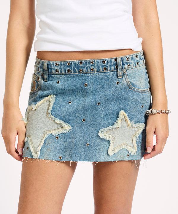 One Teaspoon Axel Star Low Waist Micro Mini Denim Skirt - Used Blue