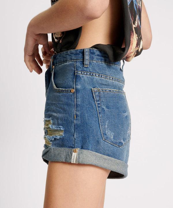 One Teaspoon Bandits High Waist Foil Denim Shorts - Blue Shredded Gold