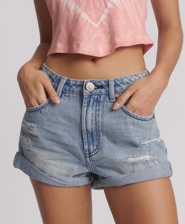 One Teaspoon Bandits High Waist Messed Up Denim Shorts - Salty Dog Blue