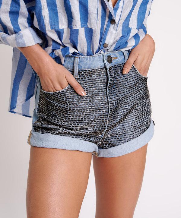 One Teaspoon Bandits High Waist Sequin Denim Shorts - Mid Blue