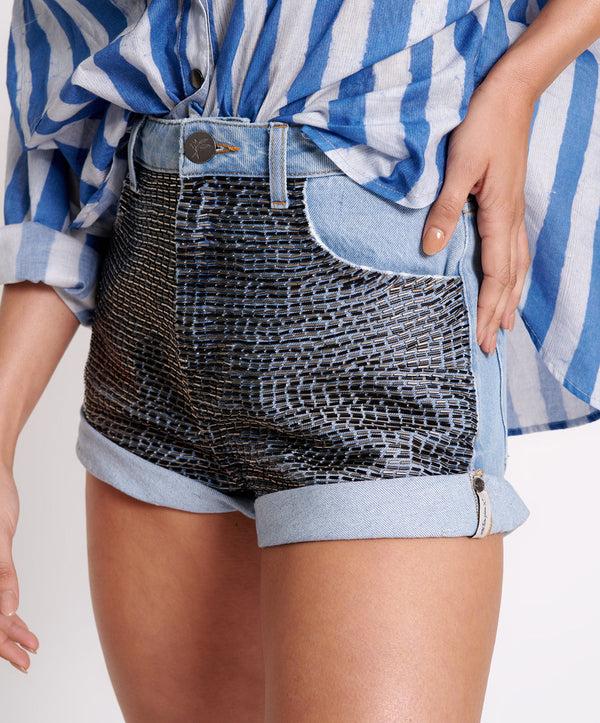 One Teaspoon Bandits High Waist Sequin Denim Shorts - Mid Blue