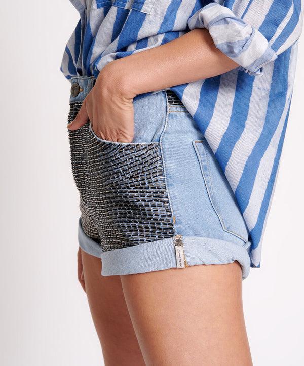 One Teaspoon Bandits High Waist Sequin Denim Shorts - Mid Blue