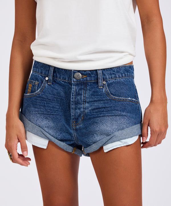 One Teaspoon Bandits Low Waist Denim Shorts - Blue Paisley
