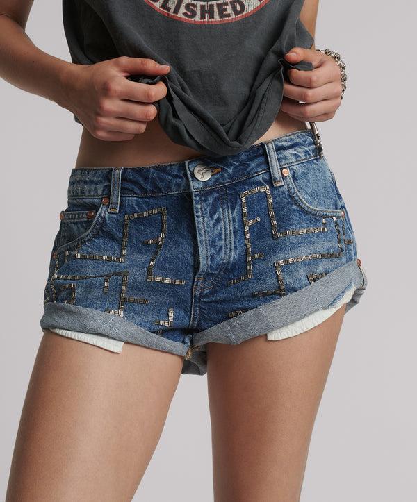 One Teaspoon Bandits Low Waist Embellished Denim Shorts - Blue Thunder