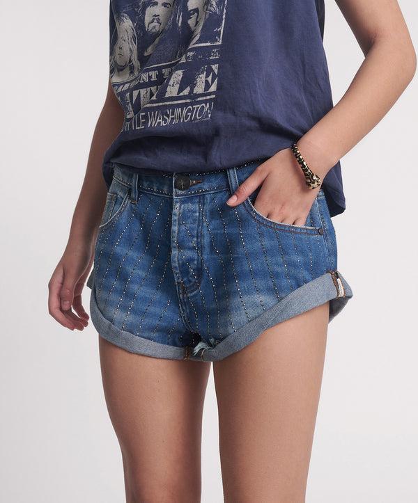 One Teaspoon Bandits Low Waist Embellished Denim Shorts - Glitter Highway Blue