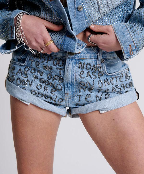 One Teaspoon Bandits Low Waist Embellished Denim Shorts - Vintage Blue