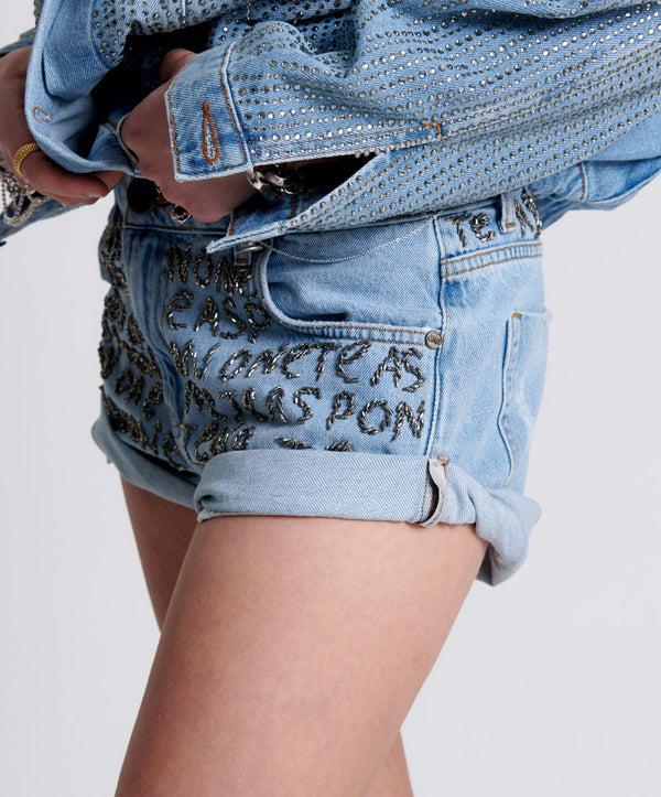 One Teaspoon Bandits Low Waist Embellished Denim Shorts - Vintage Blue