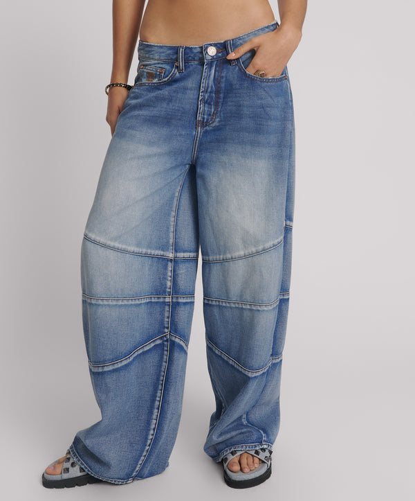 One Teaspoon Barrel Mid Waist Wide Leg Denim Jeans - Blue Summer