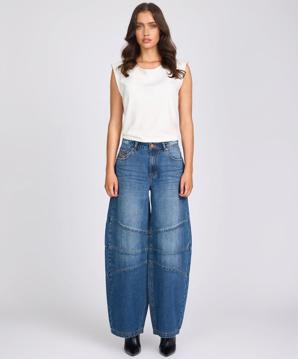 One Teaspoon Barrel Mid Waist Wide Leg Denim Jeans - Deep Pacifica Blue