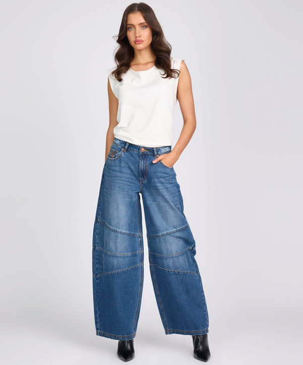 one teaspoon Barrel Mid Waist Wide Leg Denim Jeans - Deep Pacifica Blue