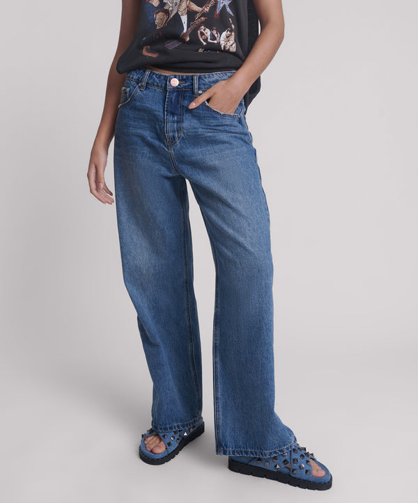 One Teaspoon Baxters Mid Waist Wide Leg Denim Jeans - Blue Love