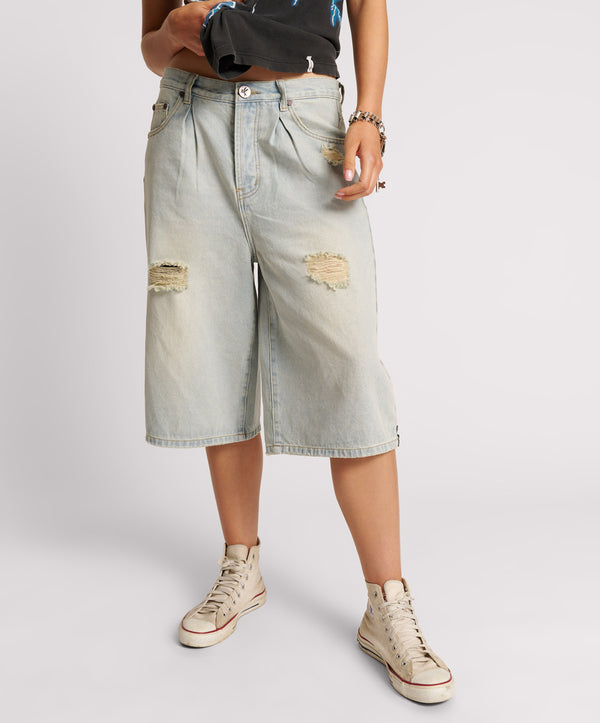 One Teaspoon Beastie Low Waist Wide Leg Denim Shorts - Old West