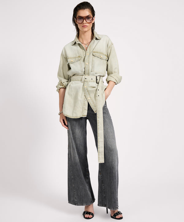 One Teaspoon Belted Longline Denim Shirt - Antique Khaki