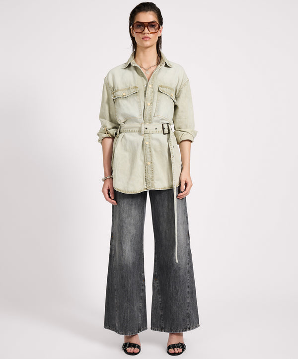 One Teaspoon Belted Longline Denim Shirt - Antique Khaki