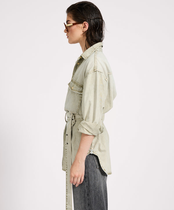 One Teaspoon Belted Longline Denim Shirt - Antique Khaki