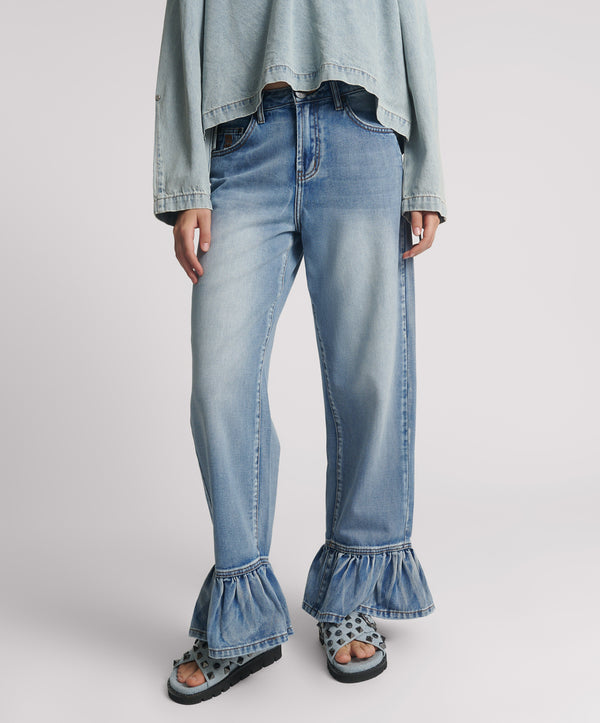One Teaspoon Big Loves Mid Waist Wide Leg Frilled Denim Jeans - Blue Summer