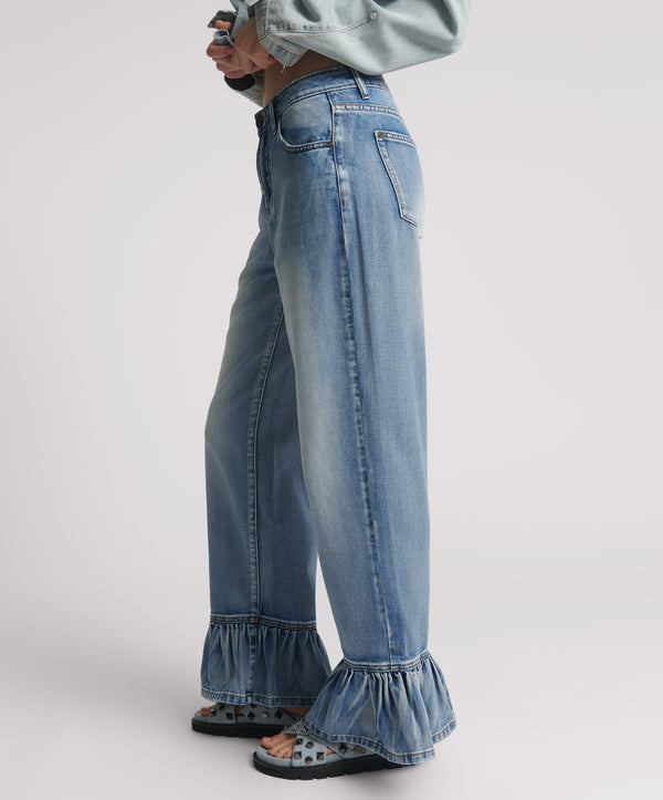 One Teaspoon Big Loves Mid Waist Wide Leg Frilled Denim Jeans - Blue Summer