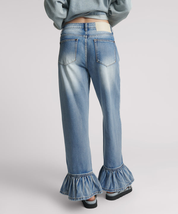 One Teaspoon Big Loves Mid Waist Wide Leg Frilled Denim Jeans - Blue Summer