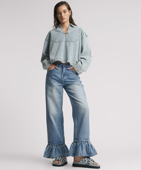 one teaspoon Big Loves Mid Waist Wide Leg Frilled Denim Jeans - Blue Summer