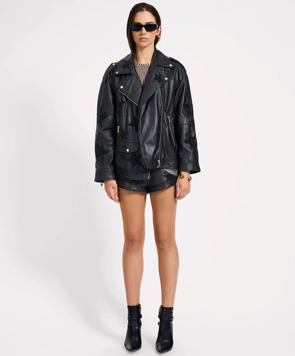 One Teaspoon Biker Boyfriend Embellished Moto Leather Jacket - Black Star