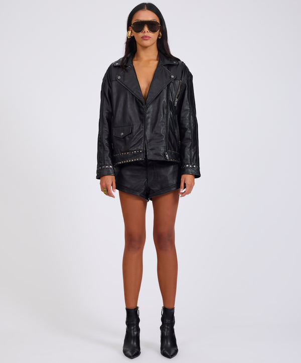 One Teaspoon Biker Studded Zipped Leather Jacket - Black