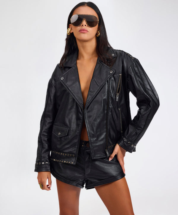 One Teaspoon Biker Studded Zipped Leather Jacket - Black