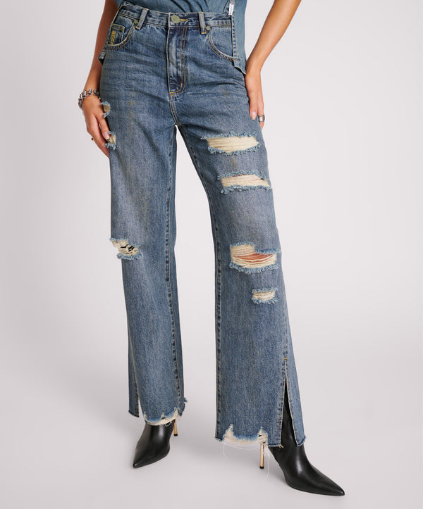 One Teaspoon Billie Low Slung Straight Leg Mid Waist Denim Jeans - Used Blue