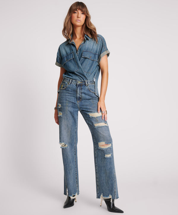 one teaspoon Billie Low Slung Straight Leg Mid Waist Denim Jeans - Used Blue