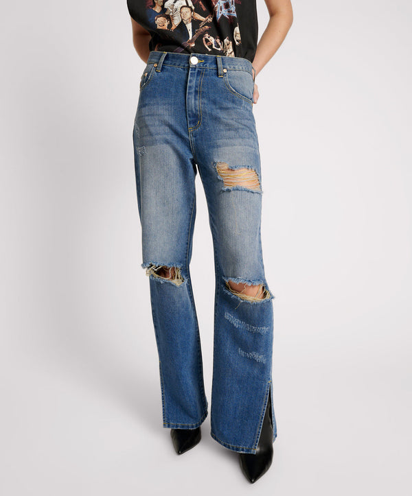 One Teaspoon Billie Low Slung Straight Leg Mid Waist Denim Jeans - Shredded Gold