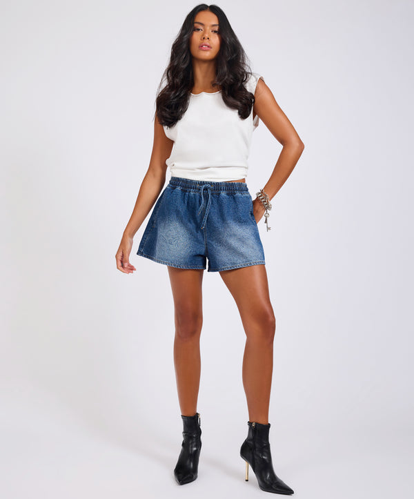 One Teaspoon Boxer Drawstring Waist Denim Shorts - Blue Paisley
