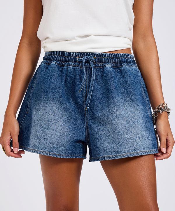 One Teaspoon Boxer Drawstring Waist Denim Shorts - Blue Paisley