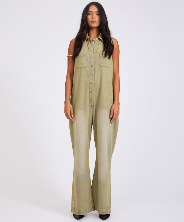 One Teaspoon Braxton Wide Leg Long Length Denim Jumpsuit - Warm Khaki