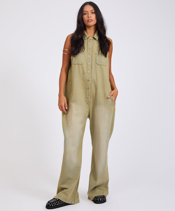 One Teaspoon Braxton Wide Leg Long Length Denim Jumpsuit - Warm Khaki