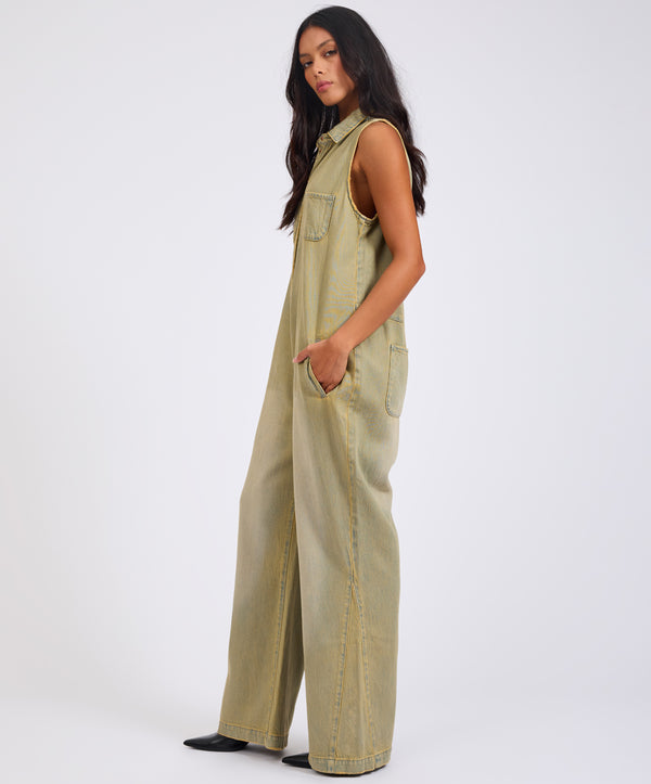 One Teaspoon Braxton Wide Leg Long Length Denim Jumpsuit - Warm Khaki