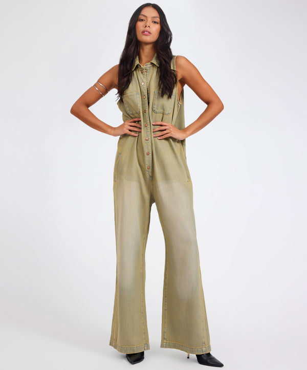 one teaspoon Braxton Wide Leg Long Length Denim Jumpsuit - Warm Khaki