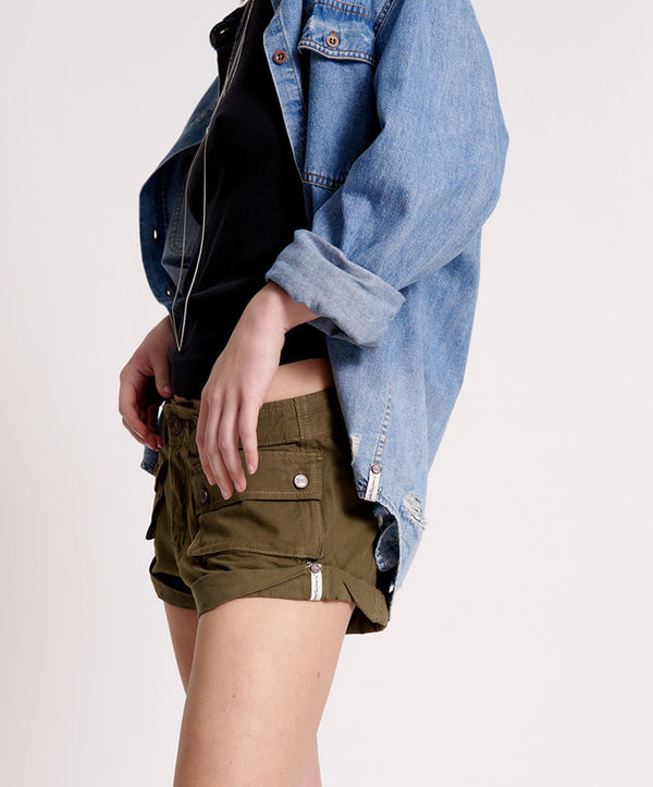 One Teaspoon Cadet Bandits Low Waist Denim Shorts - Dark Khaki