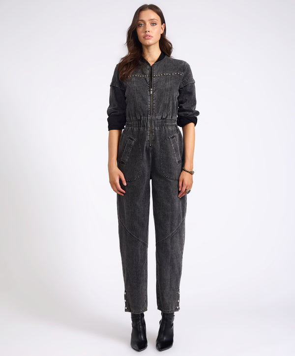 One Teaspoon Callie Aviator Longsleeve Studded Denim Jumpsuit - Washed Black