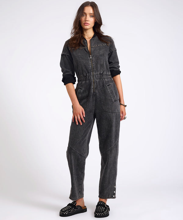 One Teaspoon Callie Aviator Longsleeve Studded Denim Jumpsuit - Washed Black