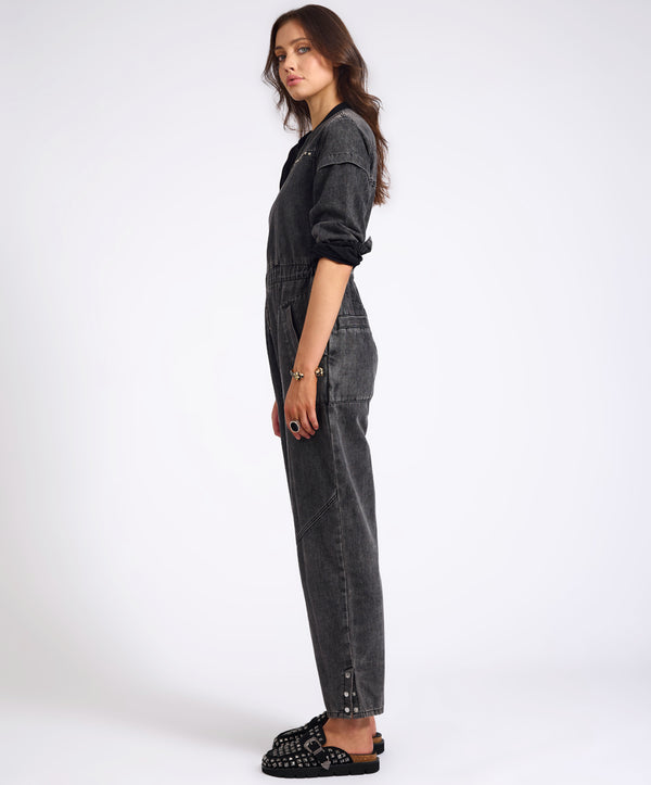 One Teaspoon Callie Aviator Longsleeve Studded Denim Jumpsuit - Washed Black