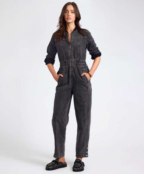 one teaspoon Callie Aviator Longsleeve Studded Denim Jumpsuit - Washed Black