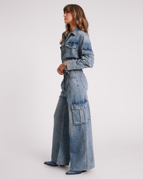 One Teaspoon Cargo Trucker Denim Overalls - Blue Blossom