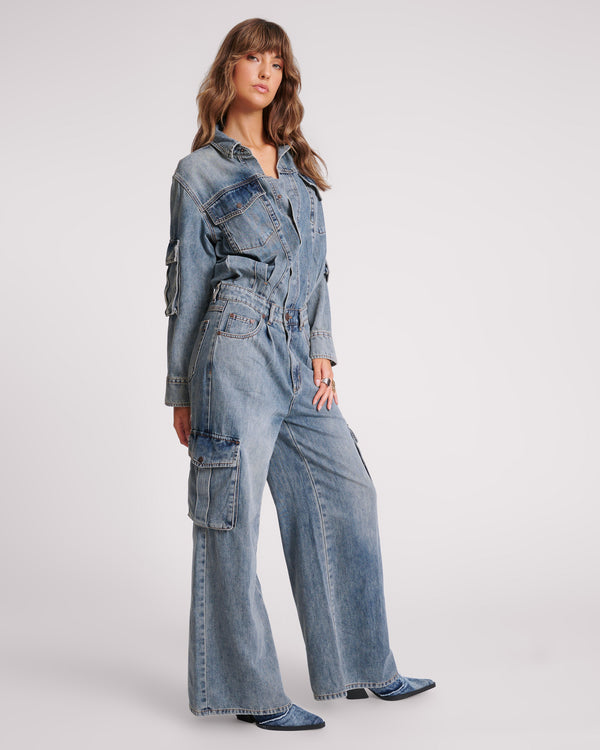 One Teaspoon Cargo Trucker Denim Overalls - Blue Blossom