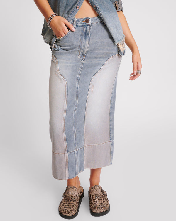 One Teaspoon Cassidy Mid Waist Long Denim Column Denim Skirt - Dirty Blue