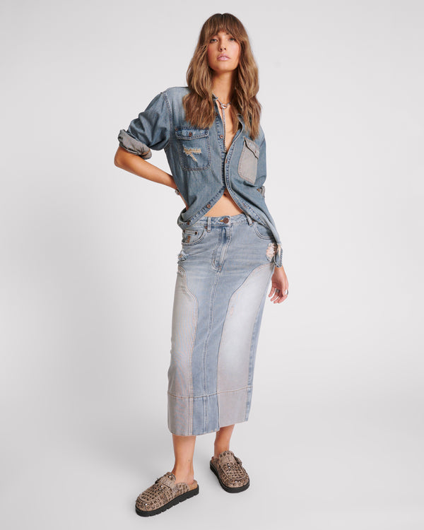 one teaspoon Cassidy Mid Waist Long Denim Column Denim Skirt - Dirty Blue