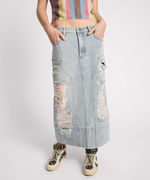 One Teaspoon Cassidy Mid Waist Long Denim Column Denim Skirt - Fleetwood